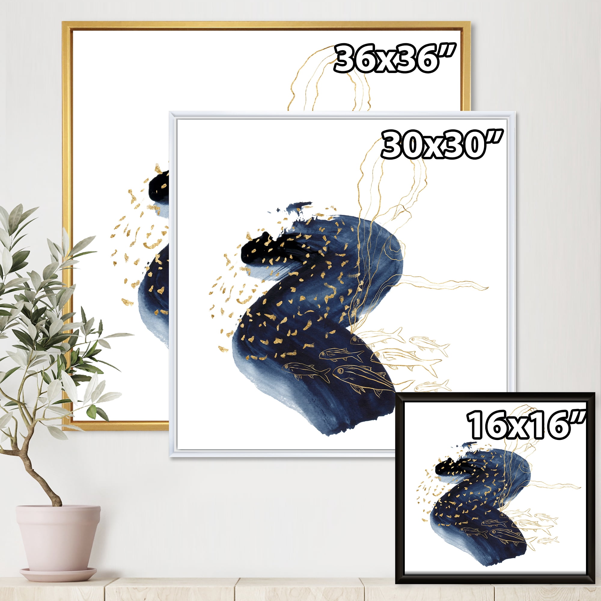 Designart 'Underwater Marine Life Classic Blue Square ' Farmhouse Framed Canvas Wall Art Print