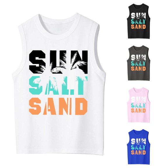 OSOLU Children Girls Tank Tops Crew Neck Coconut Tree Letter Gradient Print Outdoor Play Lightweight Sleeveless Vacation Beach Tops