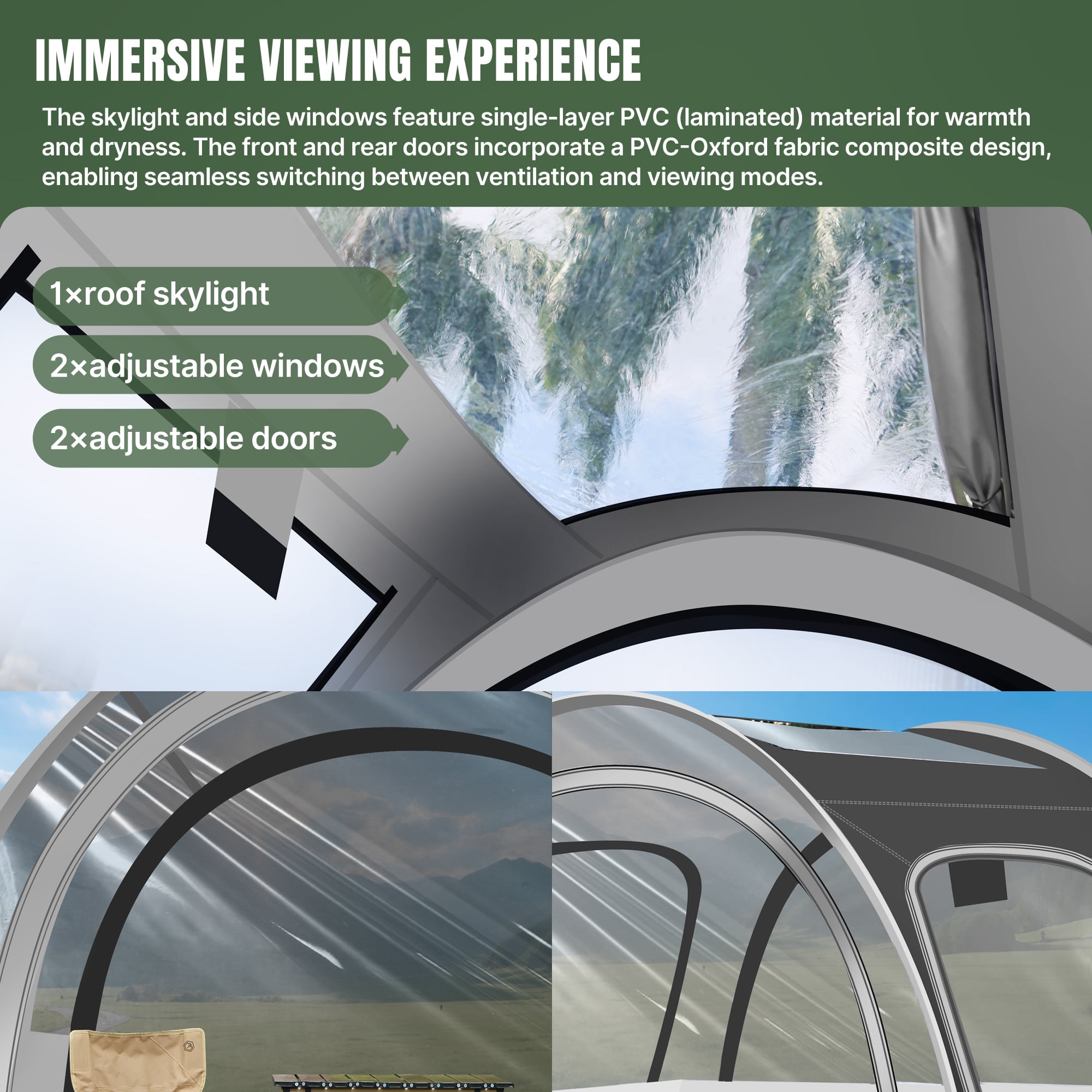 PVC tunnel tent, with super strong rain and windproof and sunshade design, suitable for 3-4 people, featuring a cold condensation-free panoramic skylight, an essential for camping
