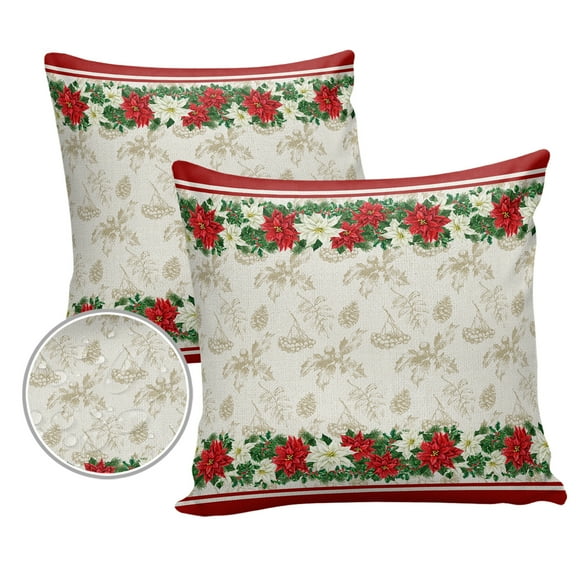 Pack of 2 Outdoor Pillow Covers, Christmas Flowers Red Stripe Retro Background Waterproof Square Throw Pillowcase Cushion Decorative Pillow Covers for Couch Patio Tent, 24x24 in