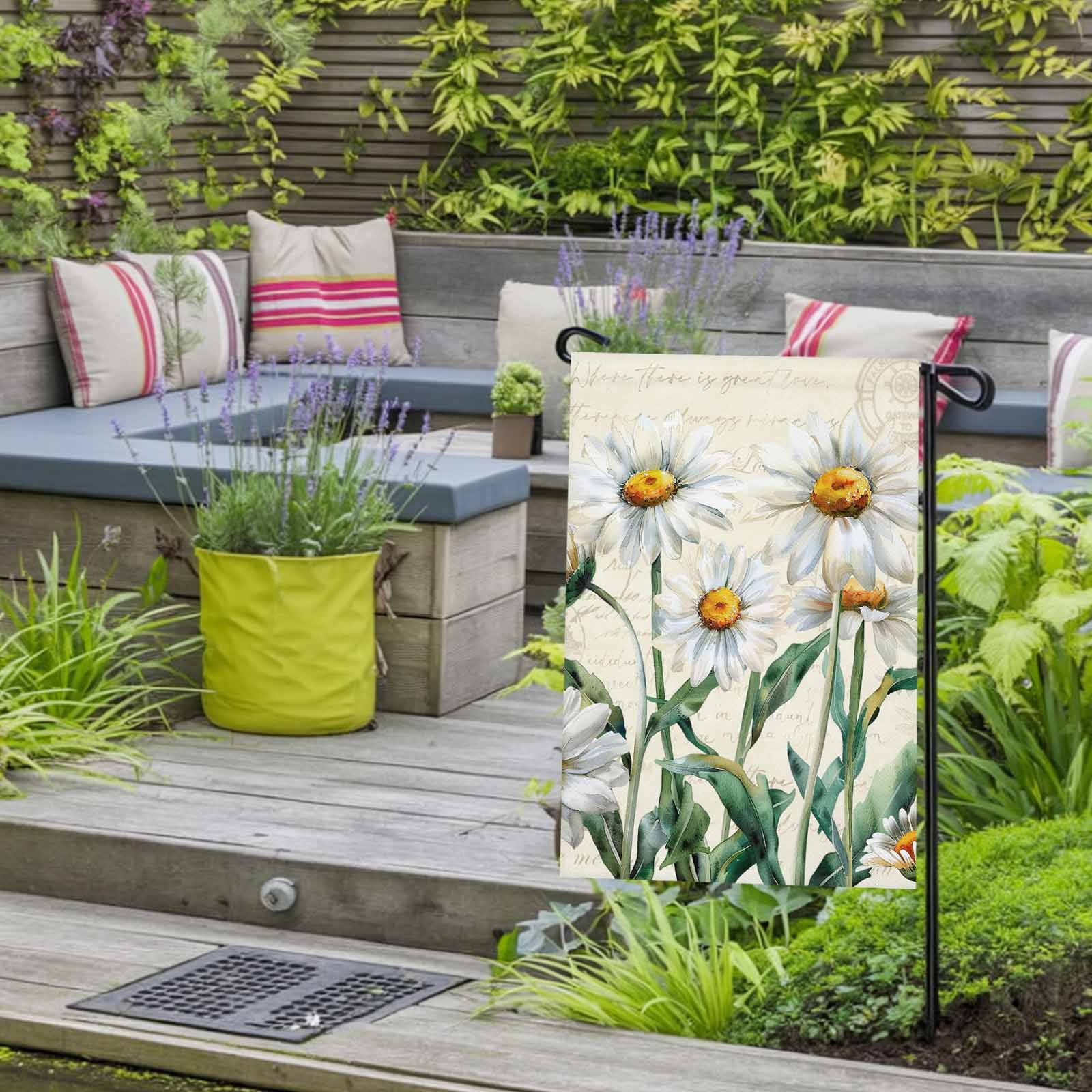 Garden Flag Double-Side Printed House Flag Daisy Floral Yard Flag Farmhouse Vintage Flower Welcome Banner Decor Outdoor Holiday Decorations 28*40in