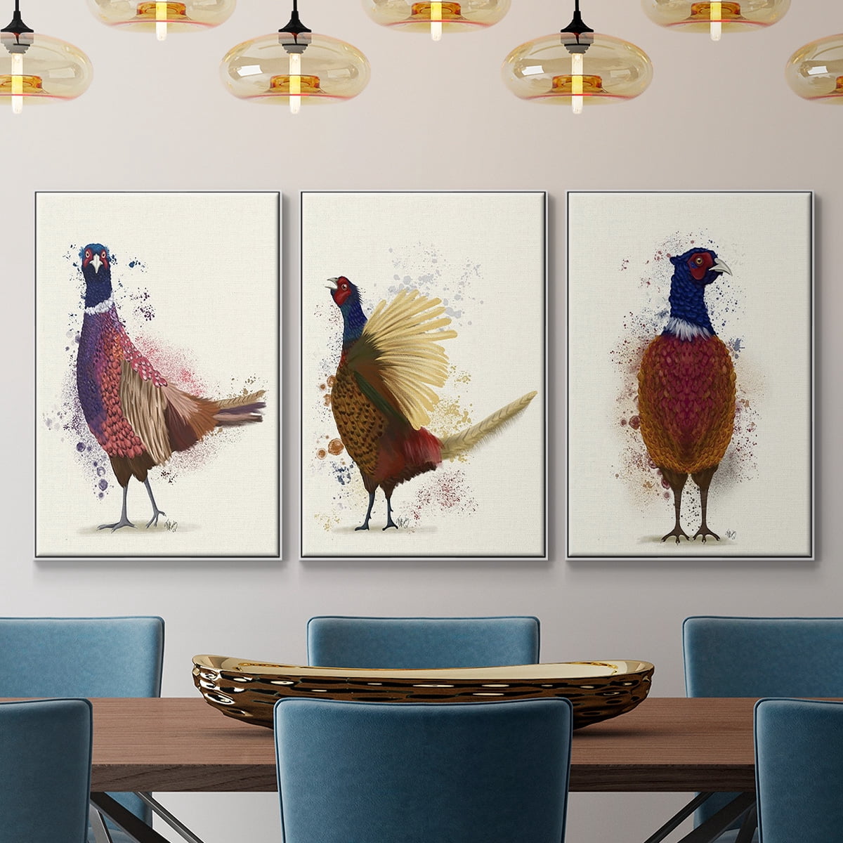 Pheasant Splash 3 - Framed Premium Gallery Wrapped Canvas L Frame 3 Piece Set - Ready to Hang