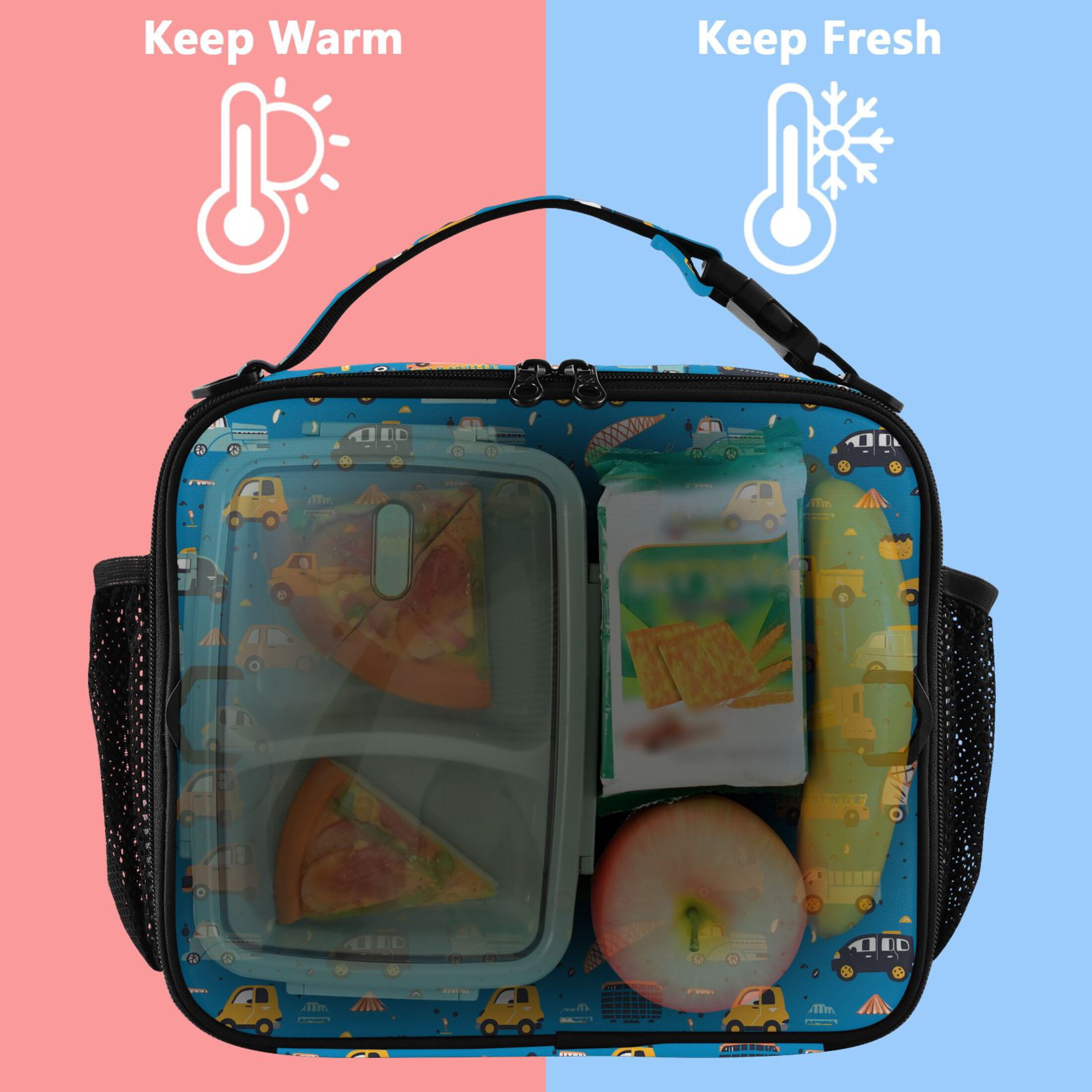 ALAZA Cartoon Trucks Cars on Blue Lunch Box Insulated Lunch Bag Cooler Tote with Shoulder Strap