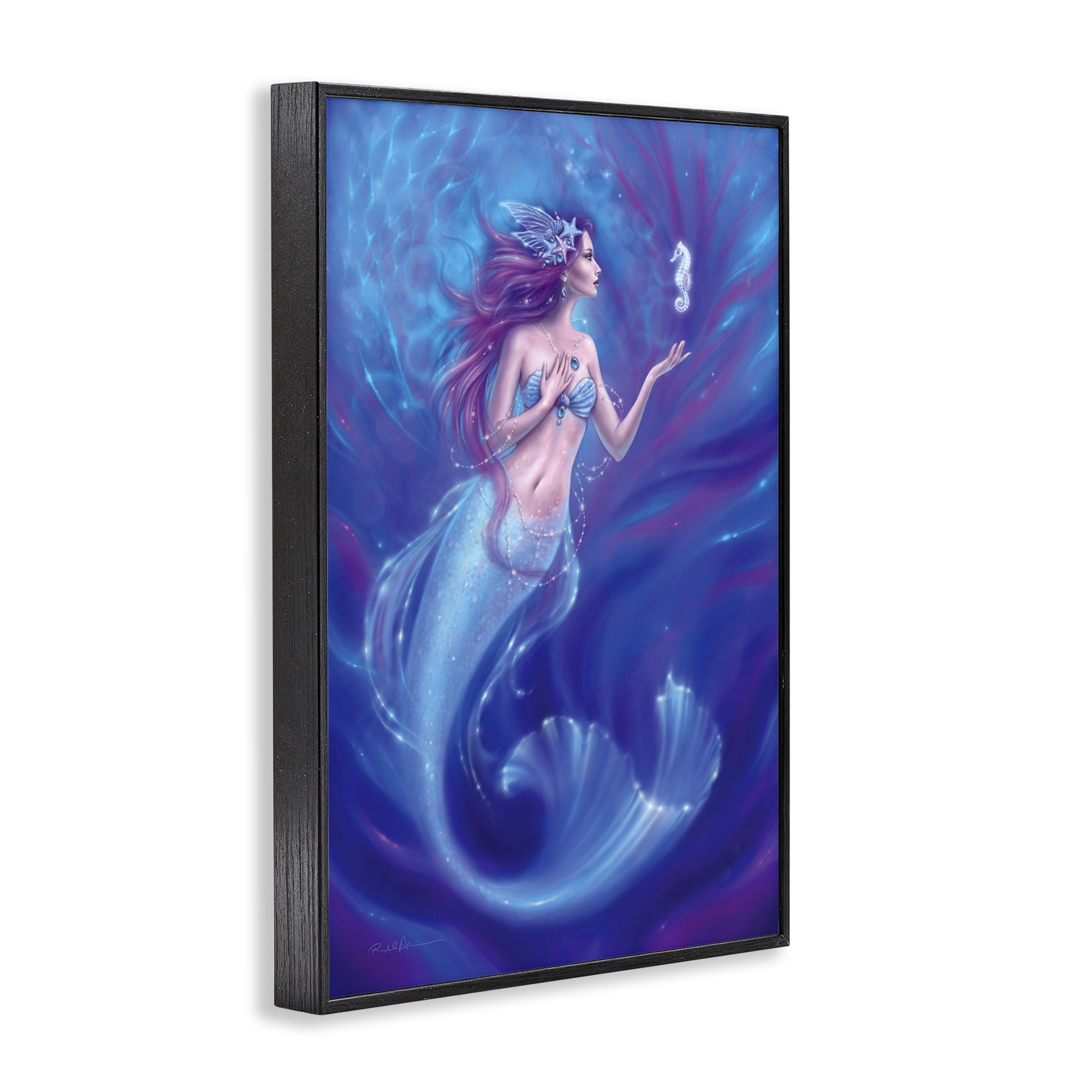 Jewel Bedecked Mermaid & Seahorse Black Framed Giclee Art, design by Rachel Anderson