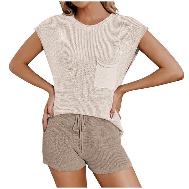 Yuyuzo Ensembles d'Été 2 Pcs pour Femmes, Hauts à Manches Cap et Col Ras du Cou, Shorts à Cordon, Ensembles Décontractés de Détente