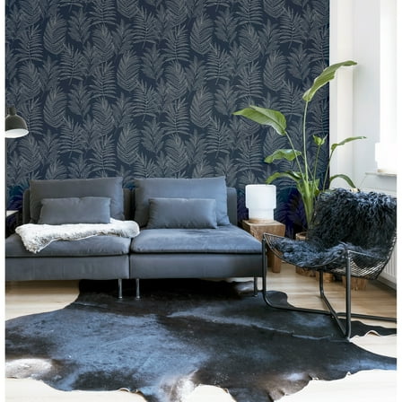 Linear Leaves Navy Wallpaper