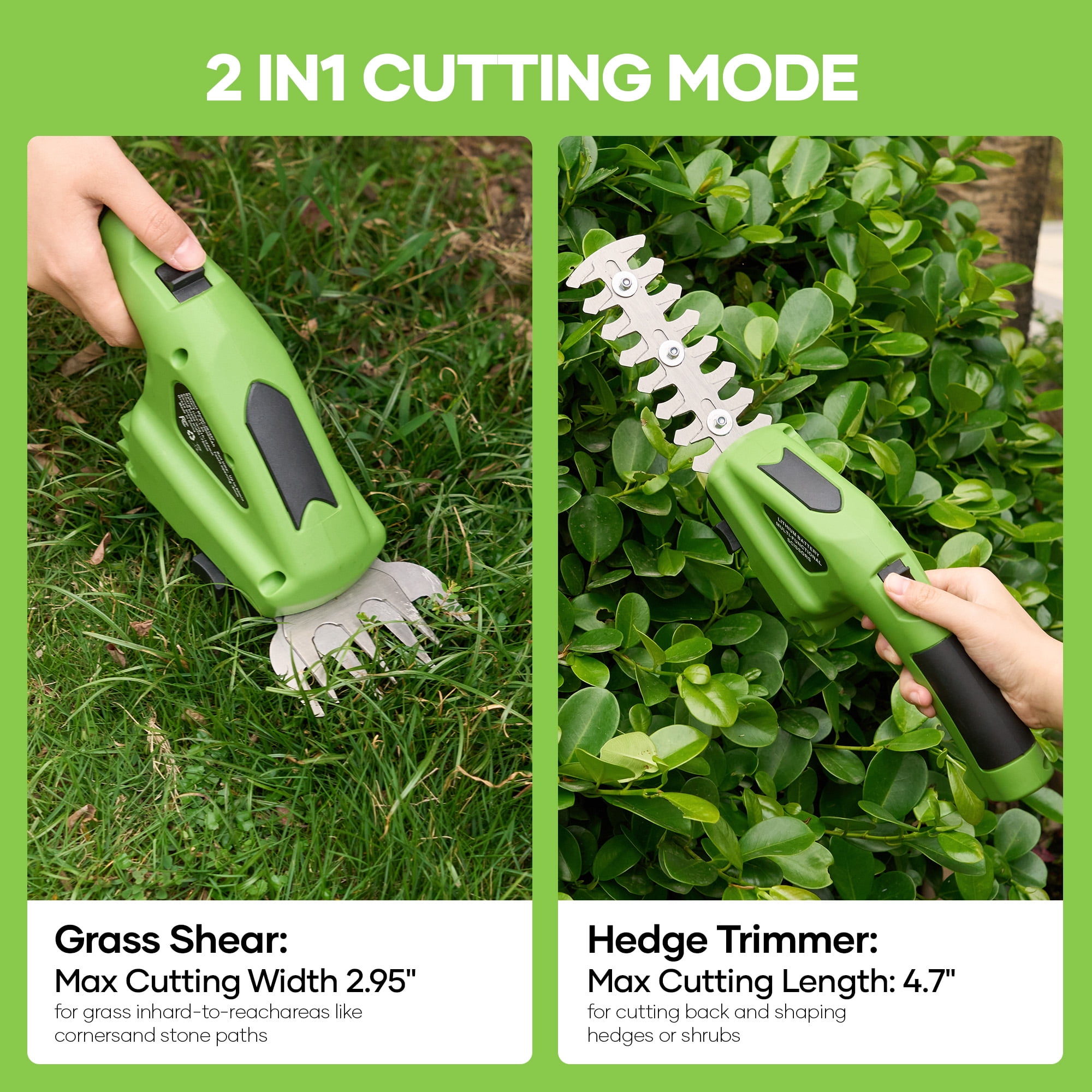 GASKY 7.2V Cordless Grass Shear,2 in 1 Lightweight Electric Mini Hedge Trimmer for Garden/Hedge Pruning,Green