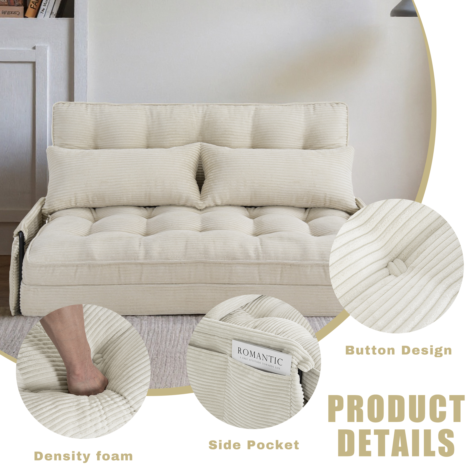Convertible 5-Position Foldable Lazy Sofa Sleeper Bed with Armrest,Adjustable Floor Sofa Couch with 2 Pillows,Fold Out Floor Couch,Beige