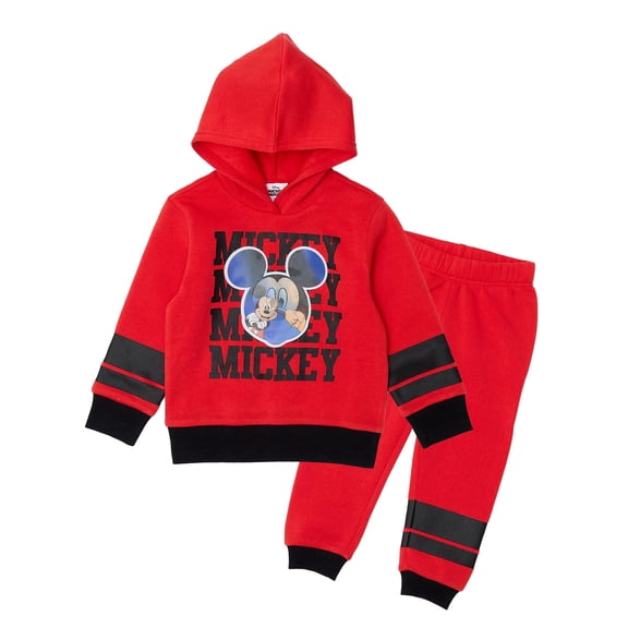 Disney Mickey Mouse Toddler Boys’ Outfit Set - Two Piece Red Hoodie Sweatshirt with Holographic Patch & Stripe Jogger Pants (Red, 2T)