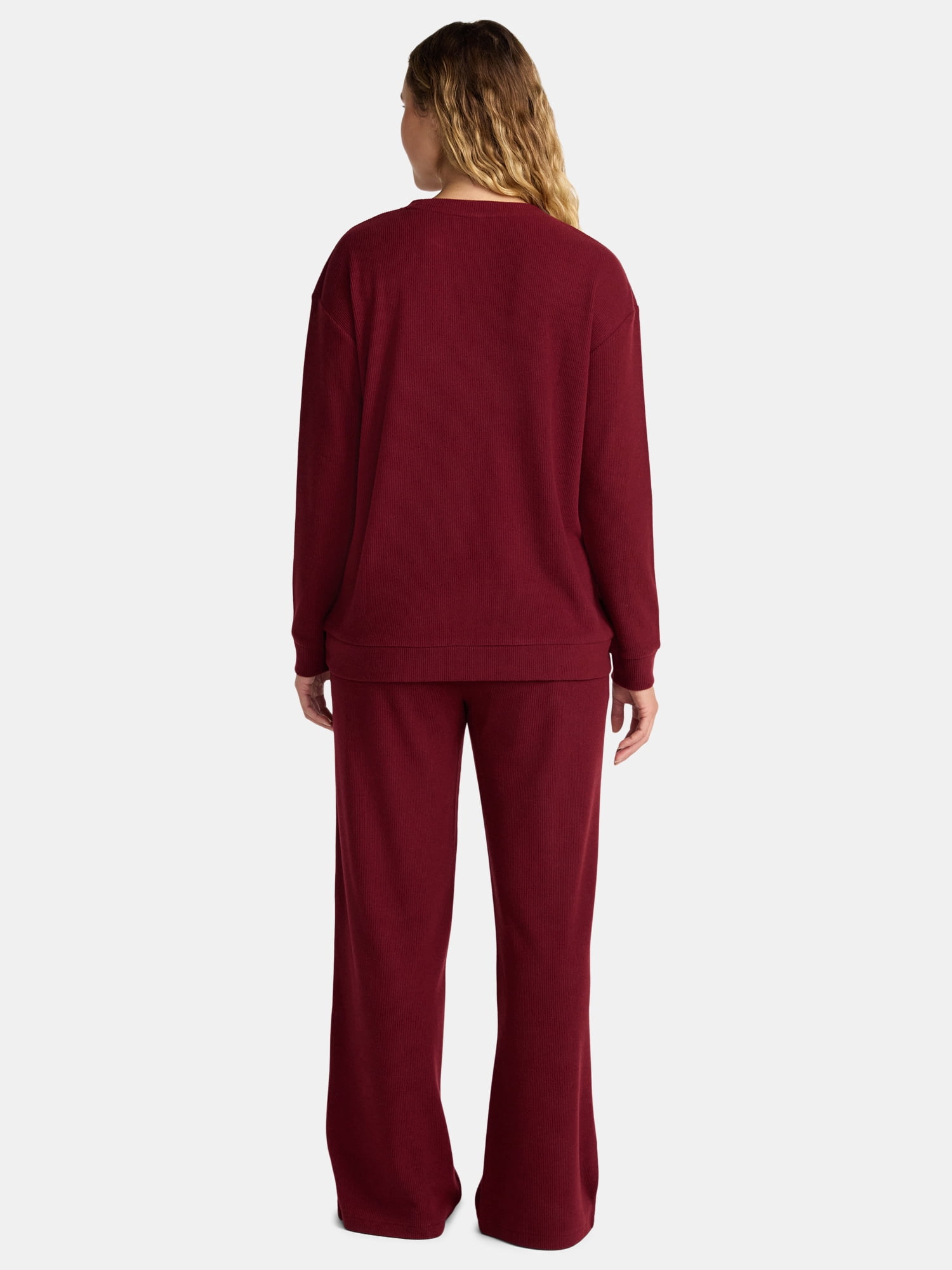Lissome Women’s Soft Brushed Waffle Oversized Long Sleeve Top and Wide Leg Pant Lounge Set, 2-Piece, Sizes S-3X