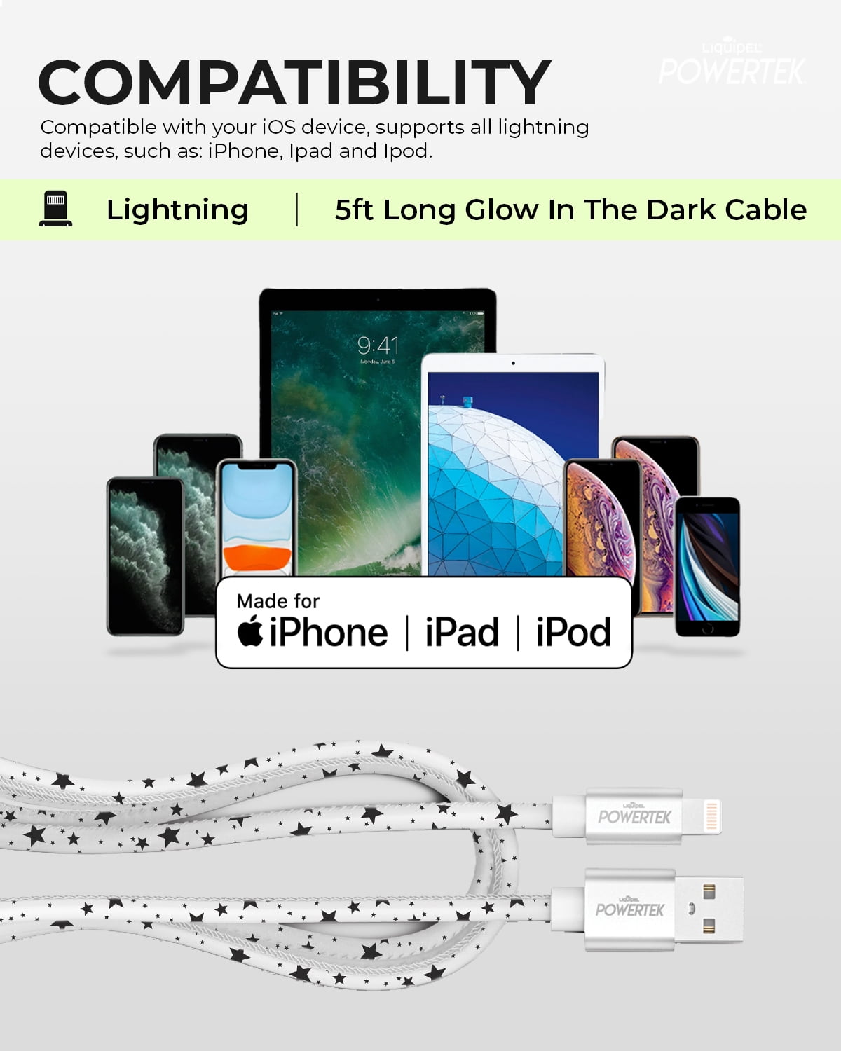 Liquipel Powertek Glow in Dark Cable lightning - White w/stars