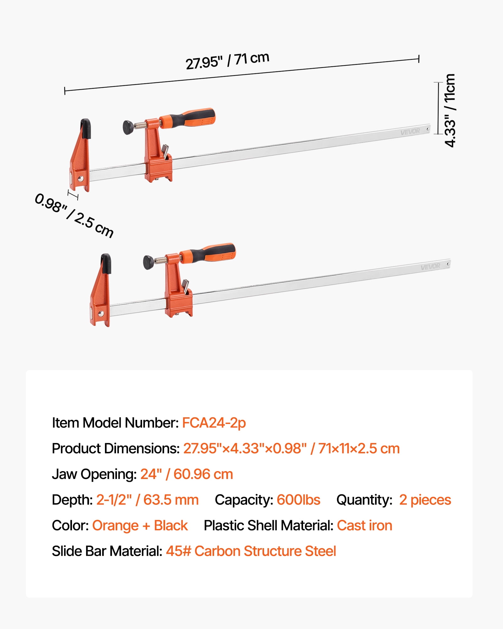 VEVOR Bar Clamps for Woodworking, 2-Pack 24 inch Opening, Lockable F-Clamp with 600 lbs Load Limit, 2-1/2 inch Depth,Cast Iron and Carbon Steel,Easy to Use, Wood Clamps for Woodworking Metal Working
