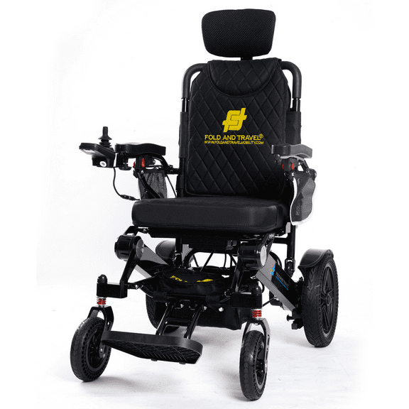 Fold And Travel Auto Recline Lightweight Foldable Electric Power Portable Wheelchair - Black Seat, Black Frame