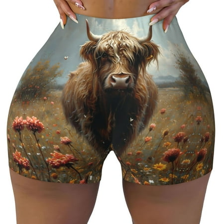 Workout Shorts Women  Grassland Sunflower Cow Biker Shorts for Women Running Gym Spandex Shorts Tummy Control