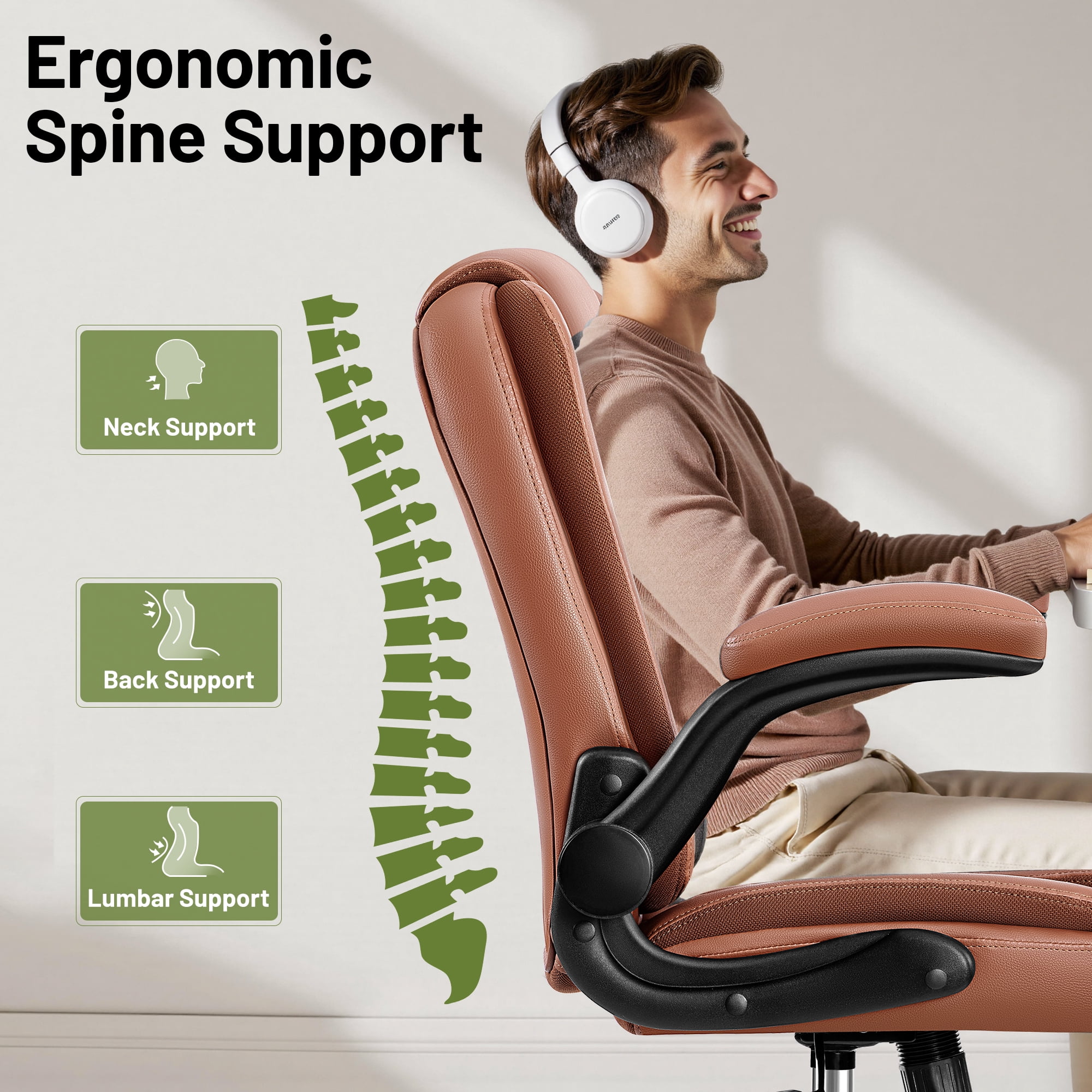 ATHOPE Leather Office Chair, 400lbs Ergonomic Desk Chairs with Back Support, Computer Chair with Wheels and Adjustable Armrest for Home Office, 360°Swivel Free, Brown