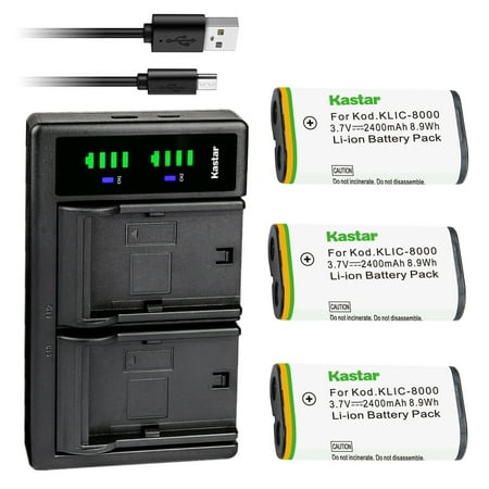 Image of Kastar 3-Pack KLIC-8000 Battery and LTD2 USB Charger Replacement for Kodak Z885 Z1012 IS Z1015 IS Z1085 IS Z1485 IS Z612 IS Z712 IS Z812 IS Z8612 IS Pocket Video Camera ZX1 Digital Camera