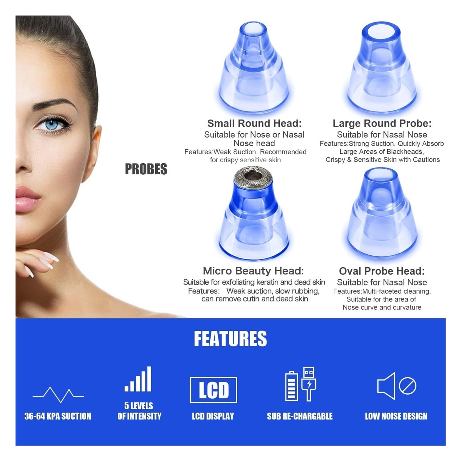 Blackhead Remover Pore Vacuum, Face Suction Pore Cleaner, 5 Suction Power Electric Blackhead Extractor Tool, 4 Probes, Blackhead Suction Remover for Women & Men