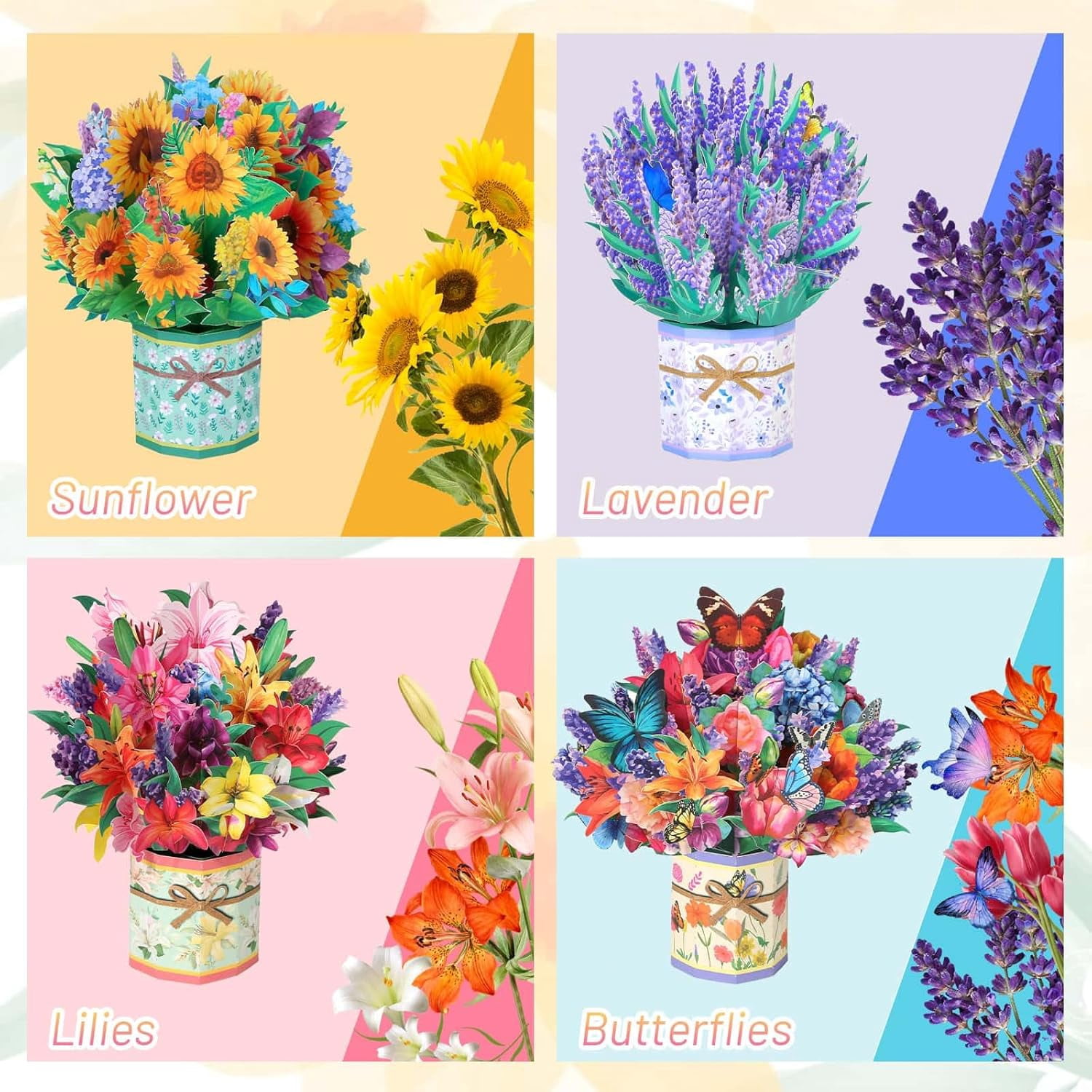 4 Pack 3D Paper Flower Pop Up Cards, Flower Bouquet Card Popup 3D Greeting Cards for Mother's Day, Graduation, Anniversary, Birthday, Congratulations, Get Well, Home Decor, with Envelope