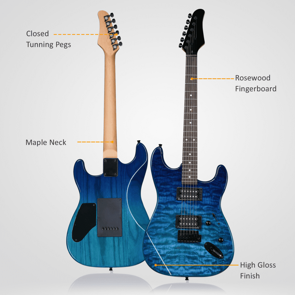 Tcbosik 39 inch Electric Guitar with Gig Bag and Strap, Beginner Kit with Plectrum, Capo, Cable, Tremolo Arm and Wrench Tool, Music Strings Instrument, Trans Blue
