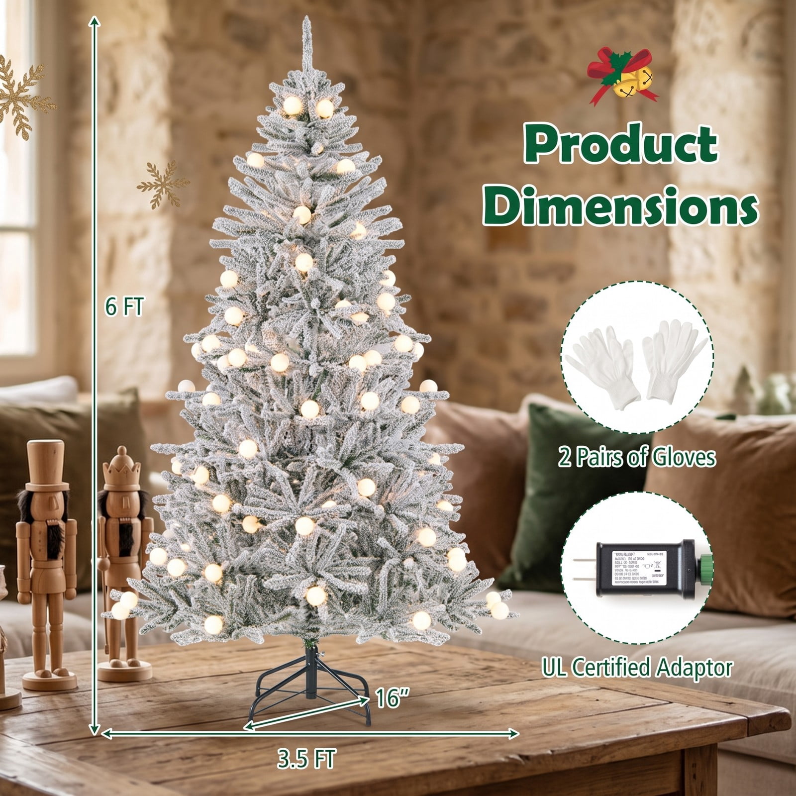 RUIE 6 Feet Pre-lit Snow-Flocked Artificial Christmas Tree, Hinged Xmas Tree with 250 Warm White LED Lights, 51 Sphere Lights, Remote and Timer for, Green & White