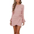 thumbnail image 2 of Flared Long Sleeve Bow Belted Dress Round Neck Slim Fit Bycon Waffle Knit High Waist Midi Dress for Party Pink M, 2 of 6