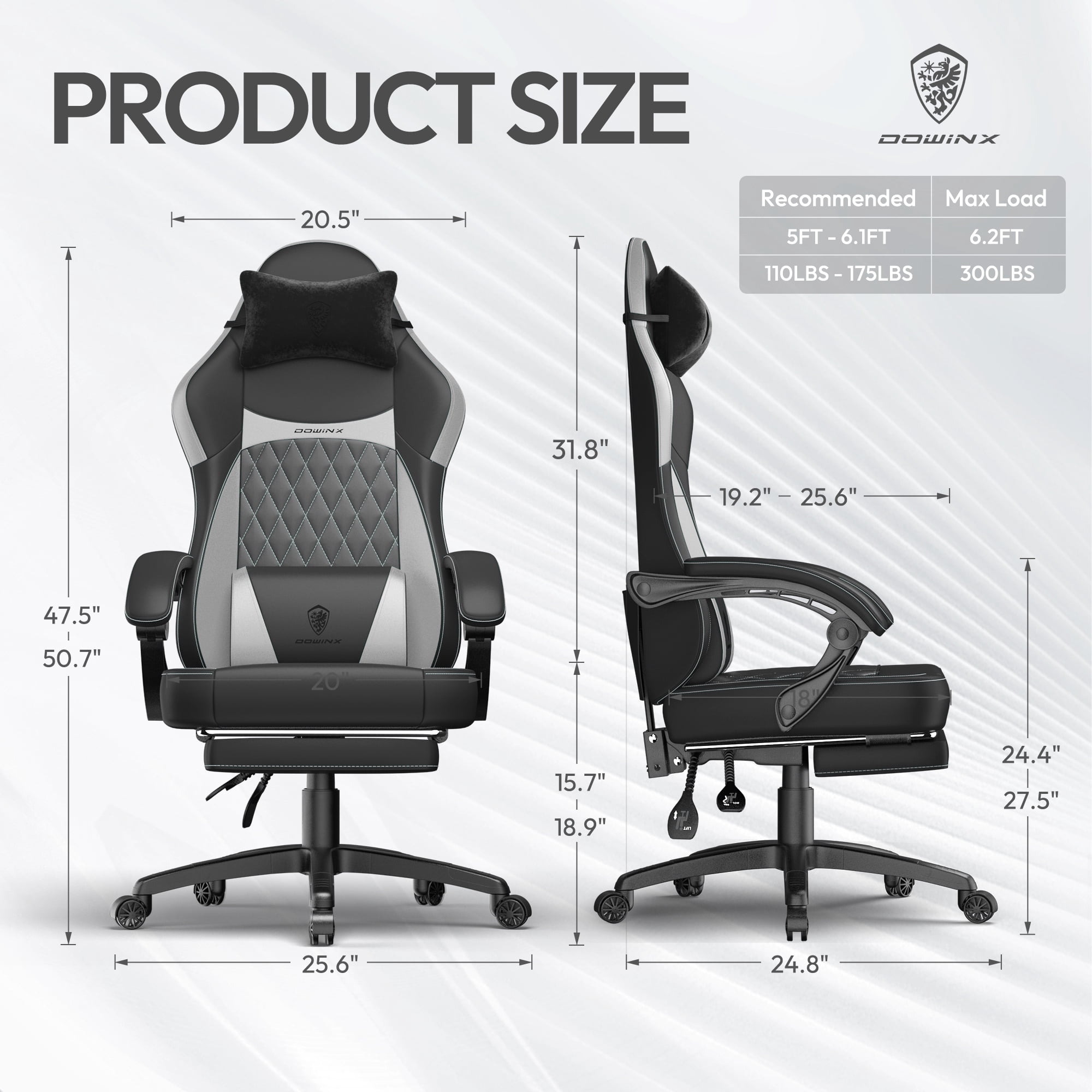 KARXAS Adult Gaming Chair Faux Leather PC Gaming Chair with Footrest and Lumbar Support, Black and Gray