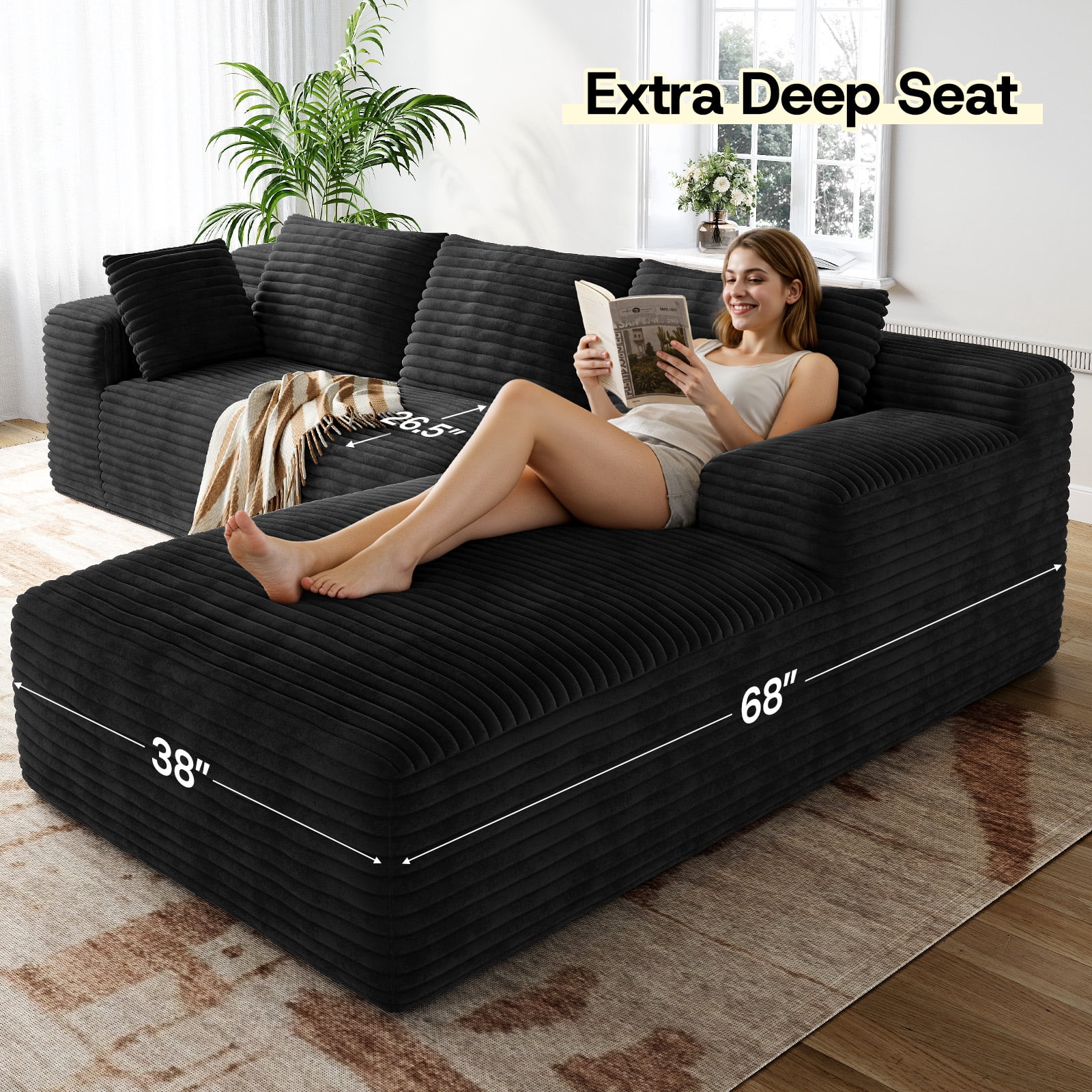 Patbrela 106" Sectional Couch for Living Room, L-Shaped Boneless Cloud Couch Corduroy Modern Sectional Sofa with Deep Seat and Thickened Cushion, No Assembly Required, Black