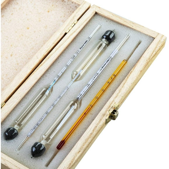 Professional Alcohol Scale - Set of 3 Hydrometers with Graduation from 0 to 100% + Thermometer for Measuring the Alcohol Content of Brandy, Whiskey, Vodka, Cognac, etc.