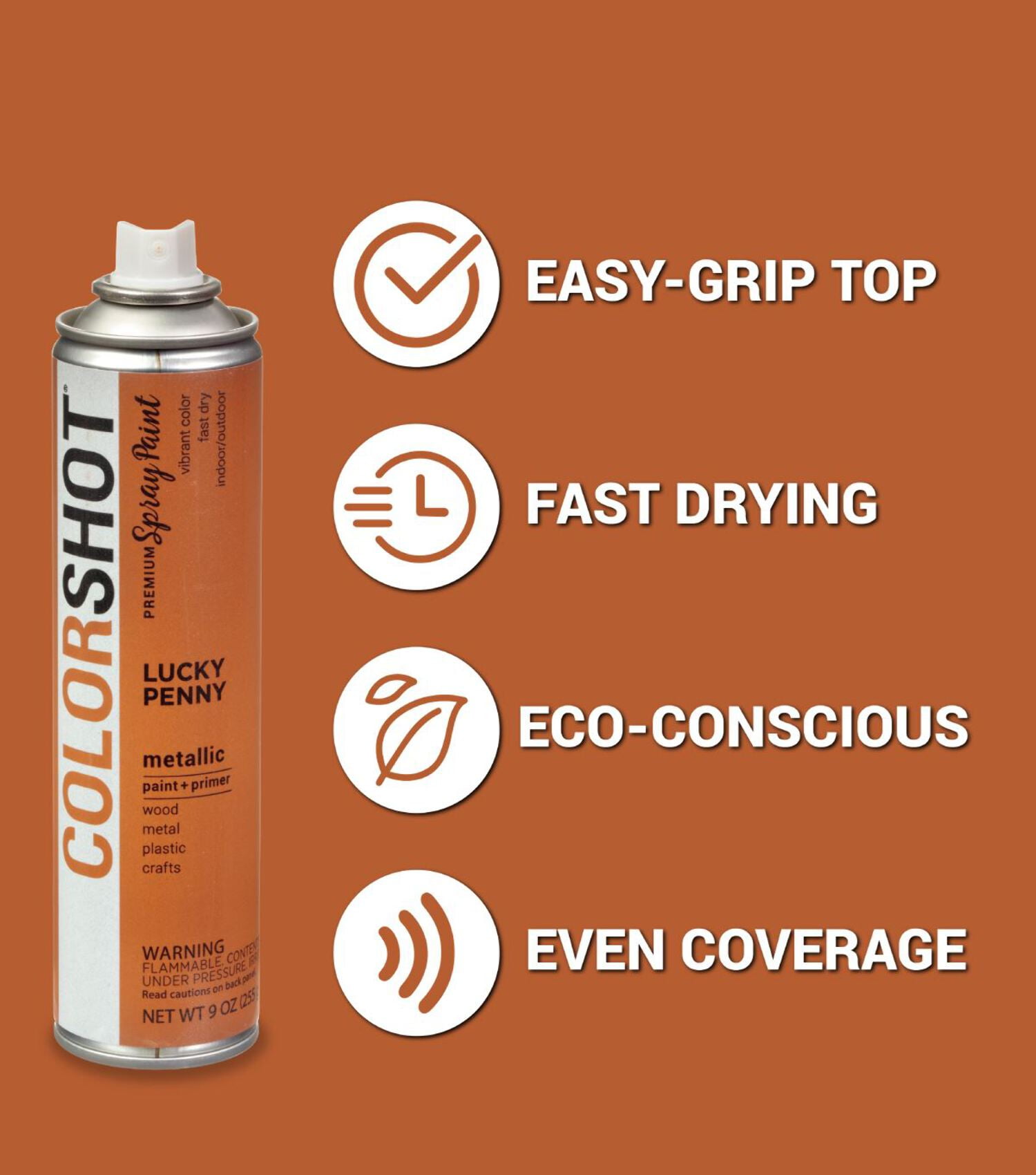 COLORSHOT Metallic Spray Paint, Lucky Penny (Copper) 9 oz. 4 Pack, Fast-Drying Acrylic Paint, Indoor & Outdoor Use