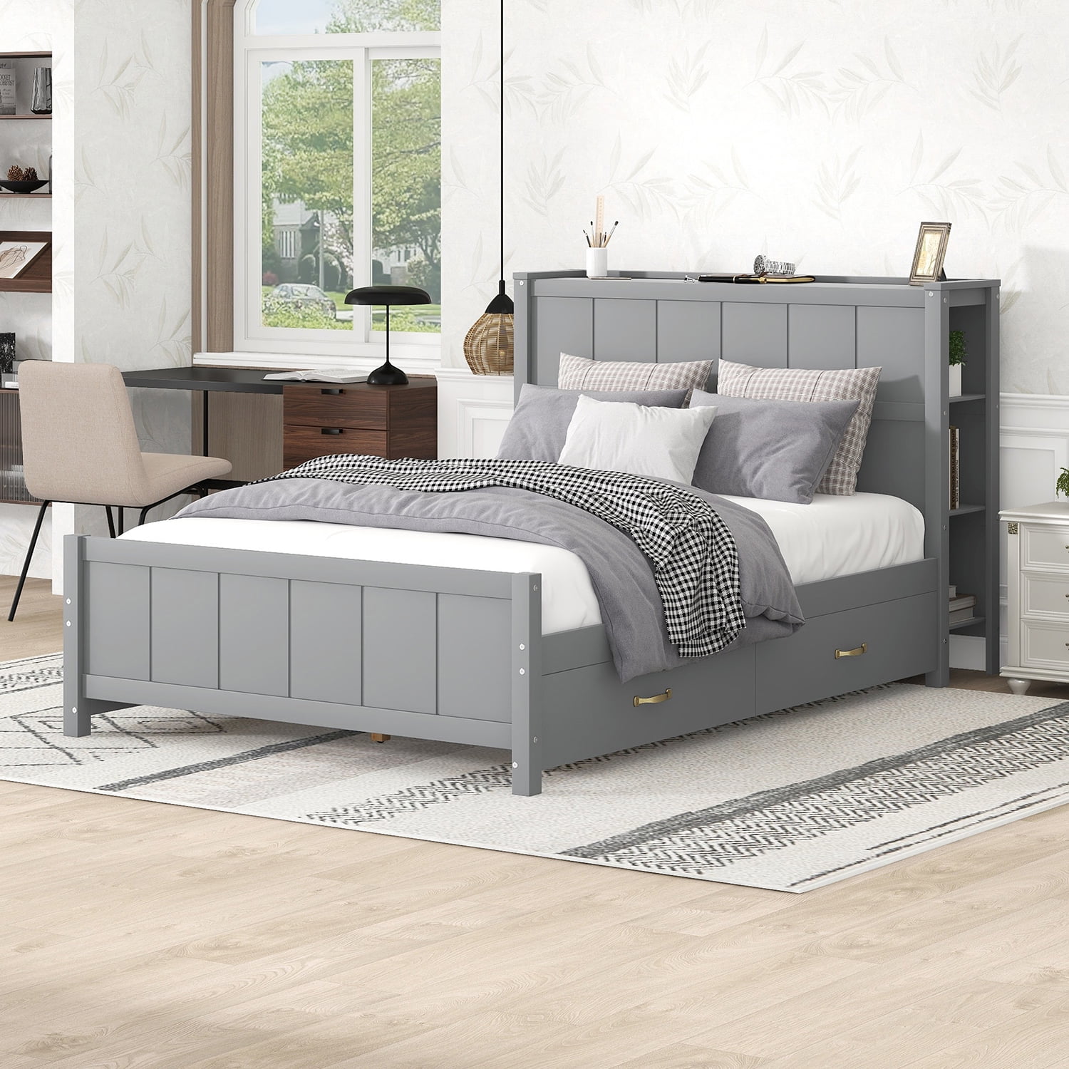 Kepooman Full Size Platform Bed Wood Bed Frame with Drawers and Storage Shelves, Grey Kepooman Full Size Platform Bed Wood Bed Frame with Drawers and Storage Shelves, Grey