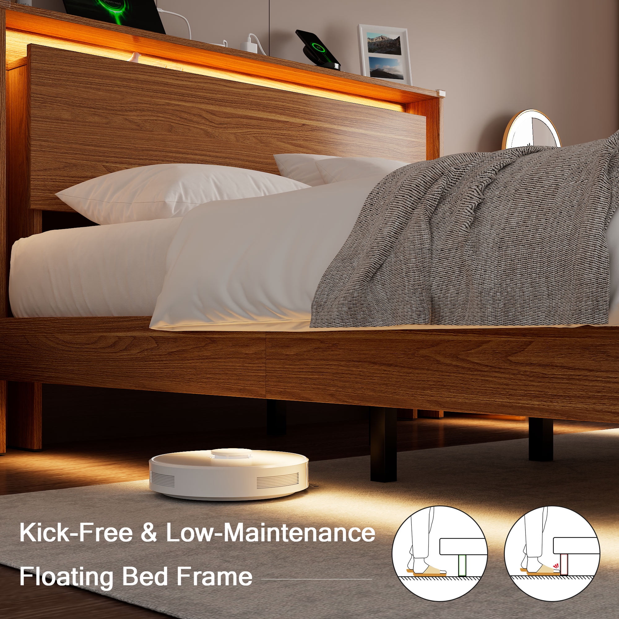 Einhomn Full Size Floating Bed Frame with  LED Lights & Charging Station,Wood Platform Bed Frame with Storage Headboard,Noise Free,No Box Spring Needed,Easy to Assemble-Walnut