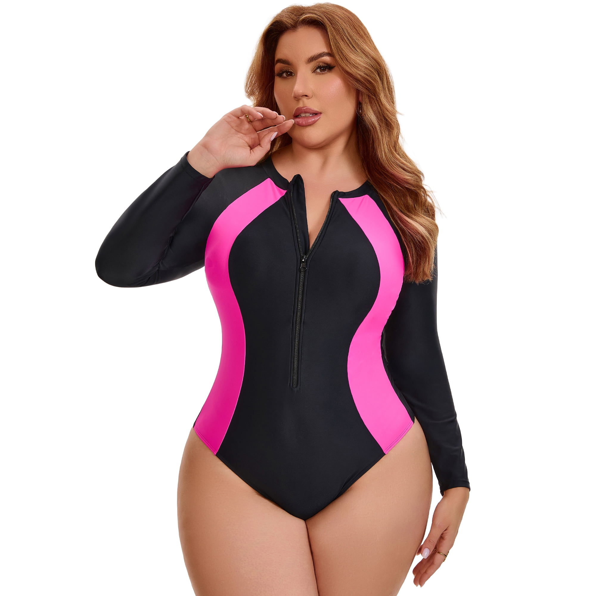 DARING DIVA Women's Plus Long Sleeve Zip Front Beach Swimsuit 2X Black Fuchsia