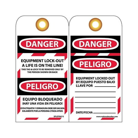National Marker Lockout Tags; Equipment Lock Out A Life Is On The Line Bilingual 6X3 Unrip Vinyl
