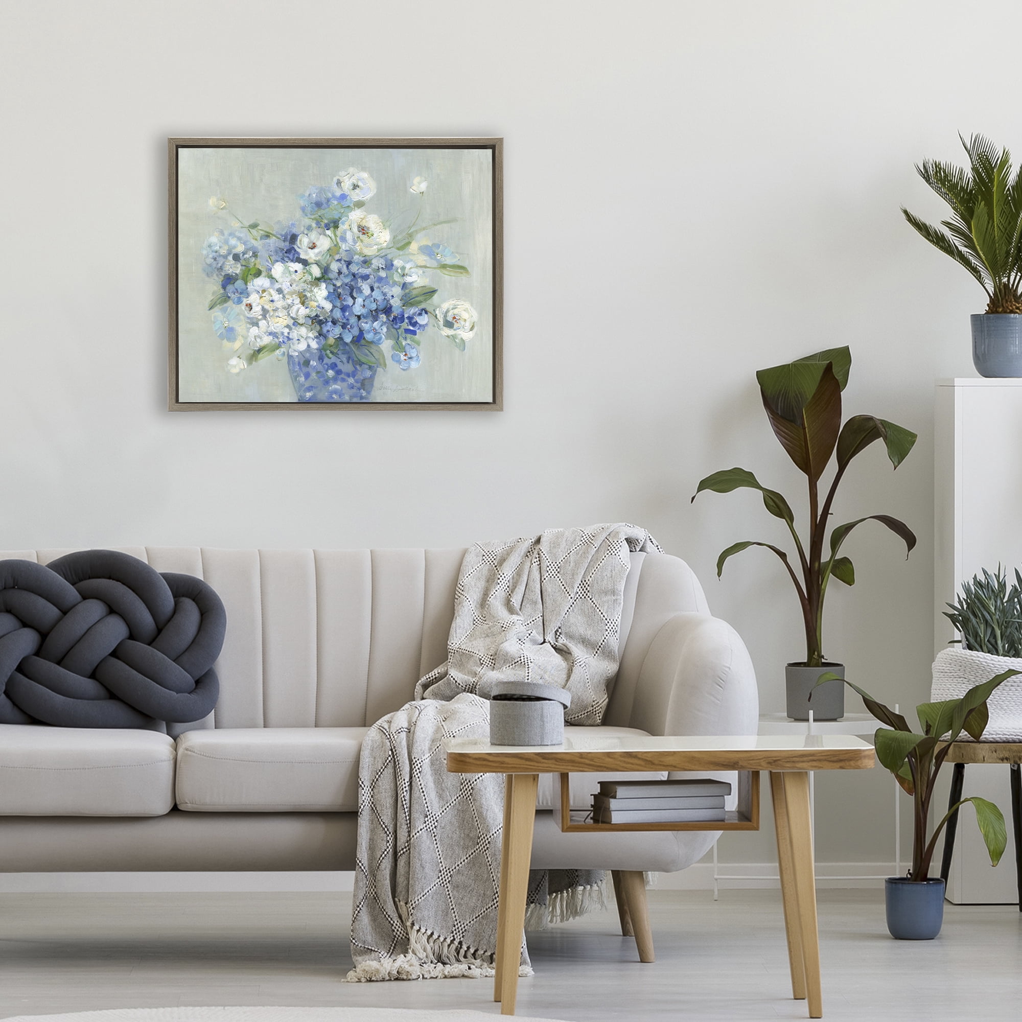 Stupell Industries Serene Blue And White Bouquet Brown Framed Floater Canvas Wall Art, design by Sally Swatland