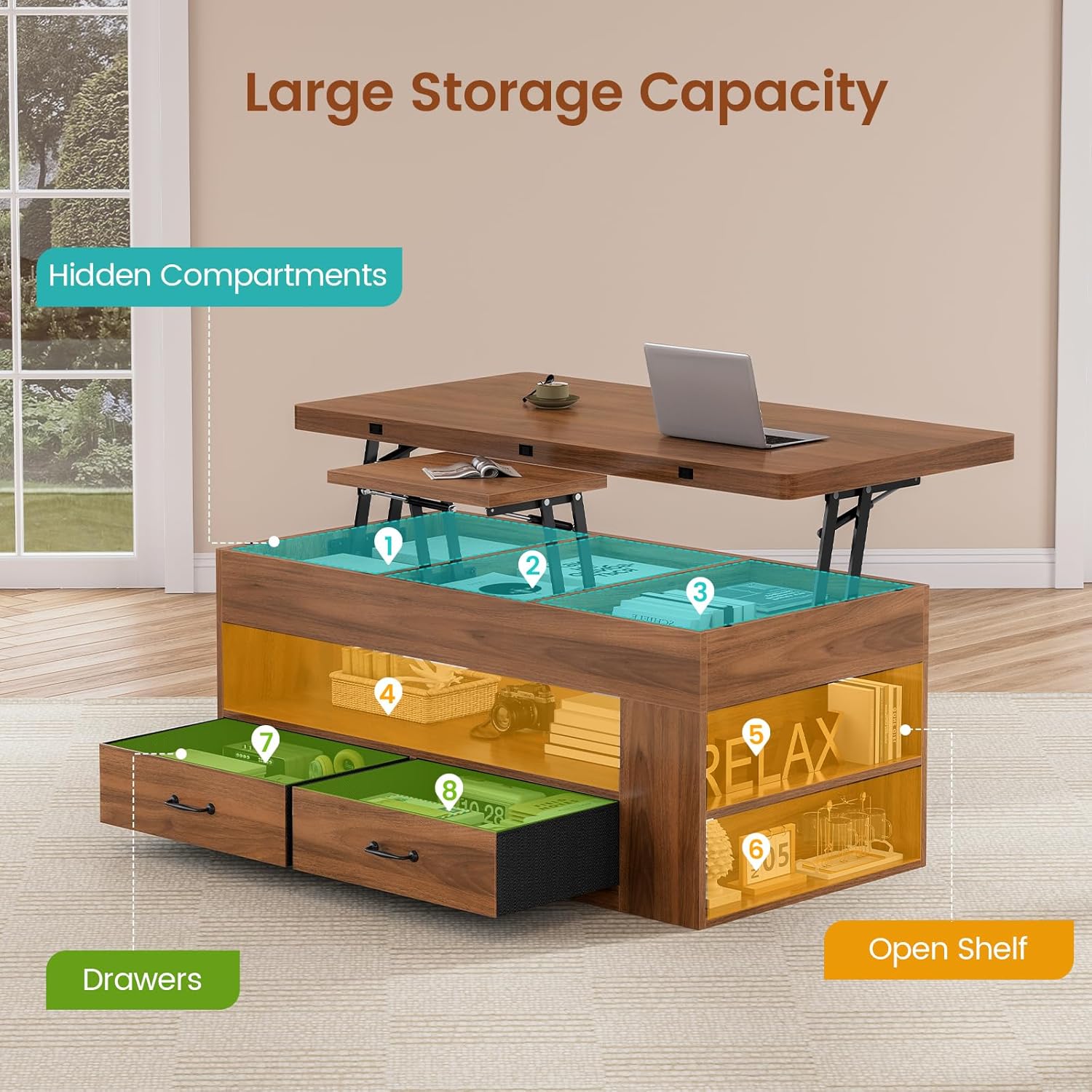 40" Farmhouse Lift Top Coffee Table, 4 in 1 Multifunction Lift Coffee Tables with 2 Drawers, Open Shelves and Hidden Compartment, Center Table with Wooden Tabletop for Living Room, Brown