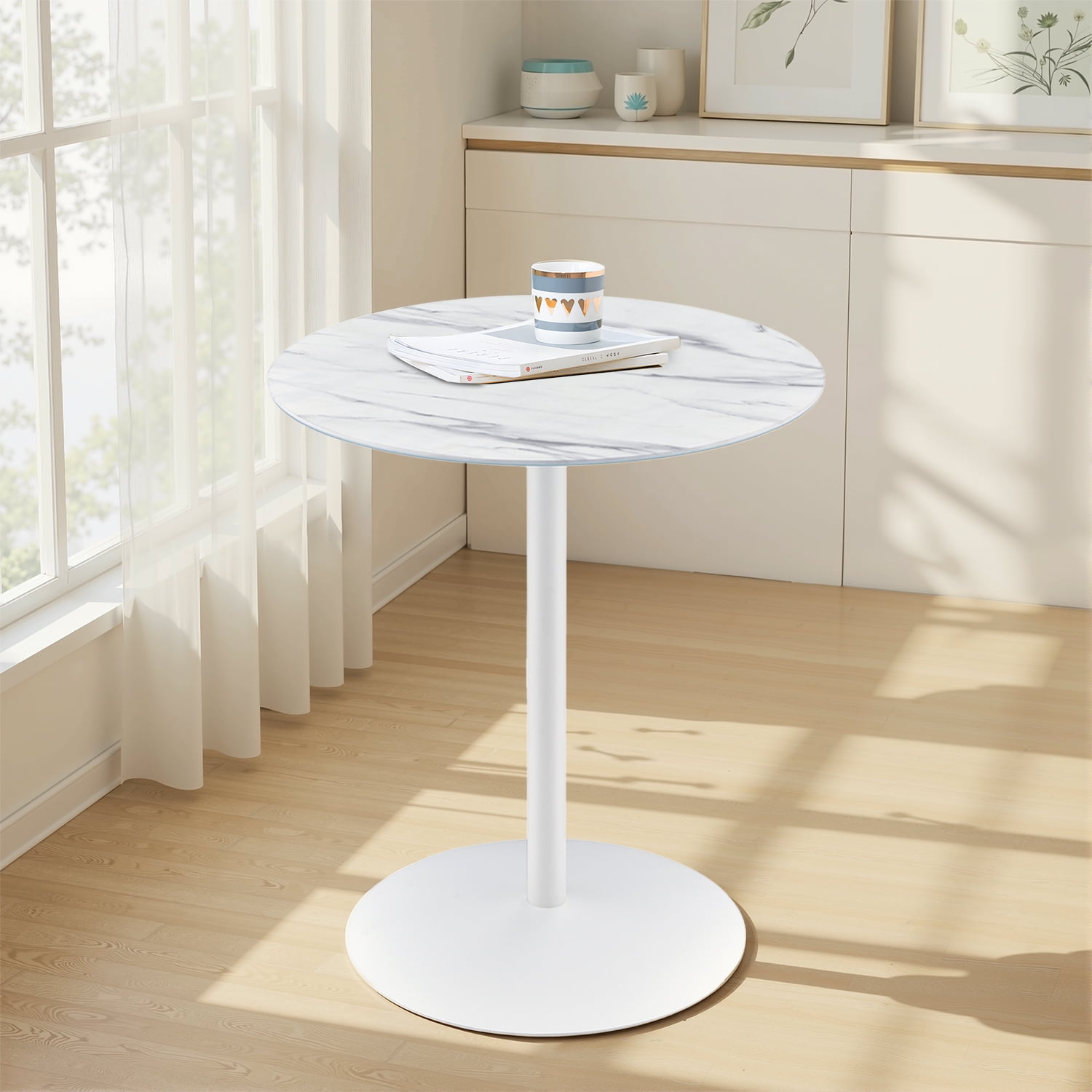 MAYEERTY 17.5" Small Round Side Tulip Table, Marble Textured Glass Top & Steel Foundation, Seats 2, White