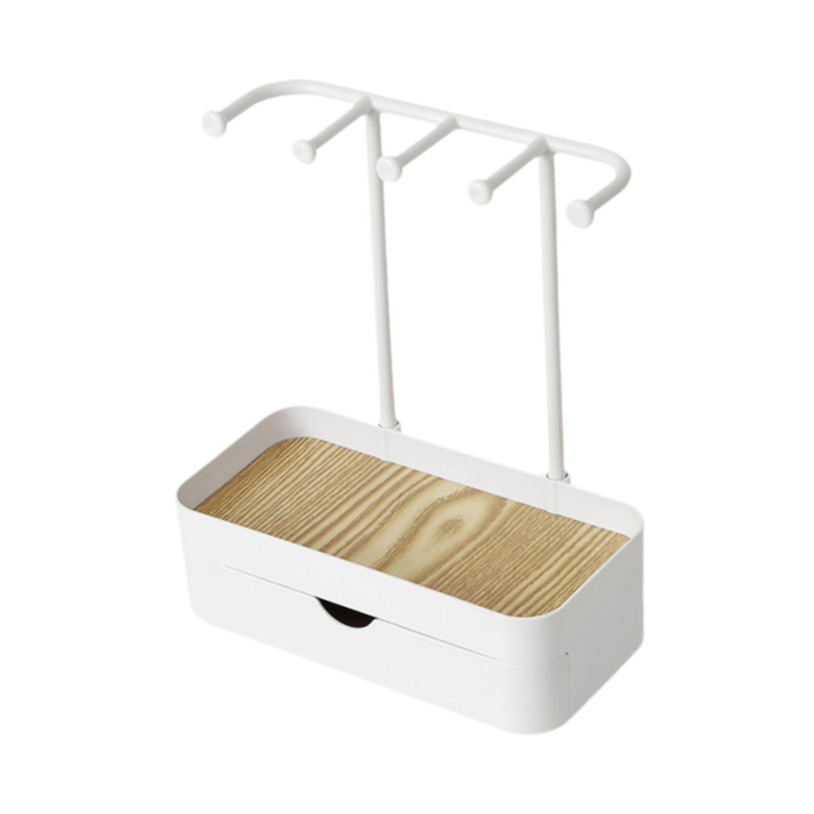 FVDPWYE Hanging Jewelry Stand Organizer with Wooden Tray Keychain 5 Hooks Storage Drawer White