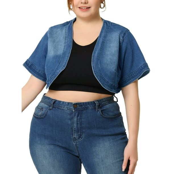 Unique Bargains Plus Size Denim Cardigan for Women Casual Crop Jackets Short Sleeve Jean Jacket Shrug Blue 4X