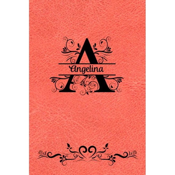 Split Letter Personalized Journal - Angelina: Elegant Flourish Capital Letter on Orange Leather Look Background