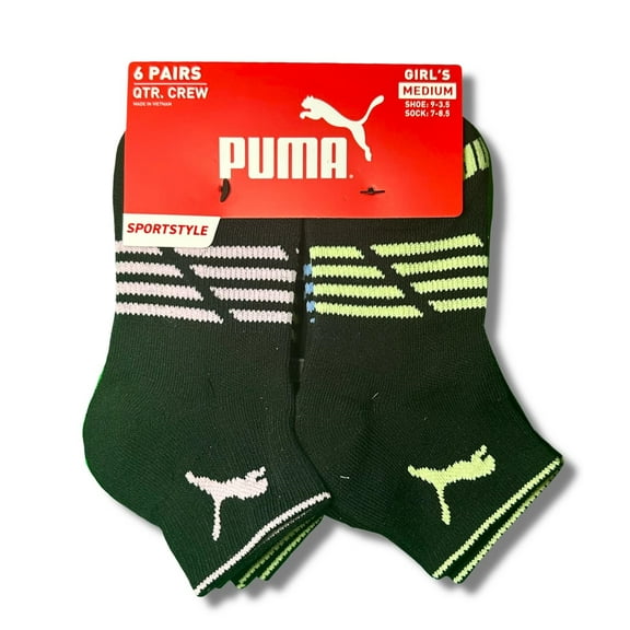 PUMA SOCKS GIRLS X6 - QUARTER CUT 253 - CLOE BLACK - MEDIUM SHOE 9-3.5 6 PACK