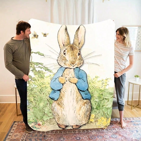 HELLOYOUNG Easter Bunny Flannel Blanket Soft Warm Vintage Rabbit Print, Anti-Tear Machine Washable All-Season Throw for Home Decor Camping Travel