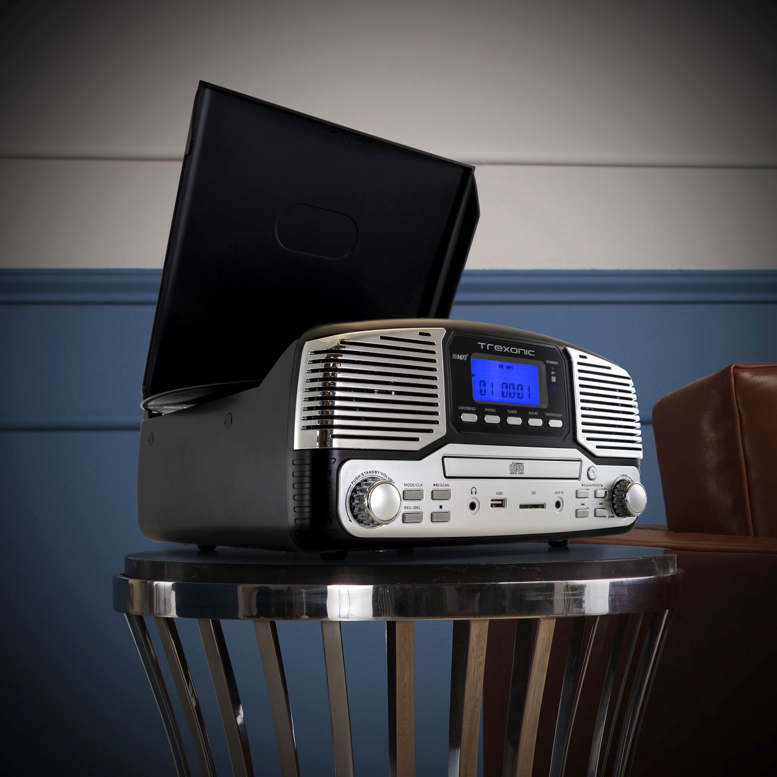 Trexonic Retro Record Player with Bluetooth, CD Players and 3-speed Turntable in black