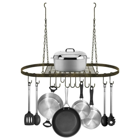 Low Ceiling Oval Pot Rack - Ceiling mounted Pot Rack with Hooks-Rustic