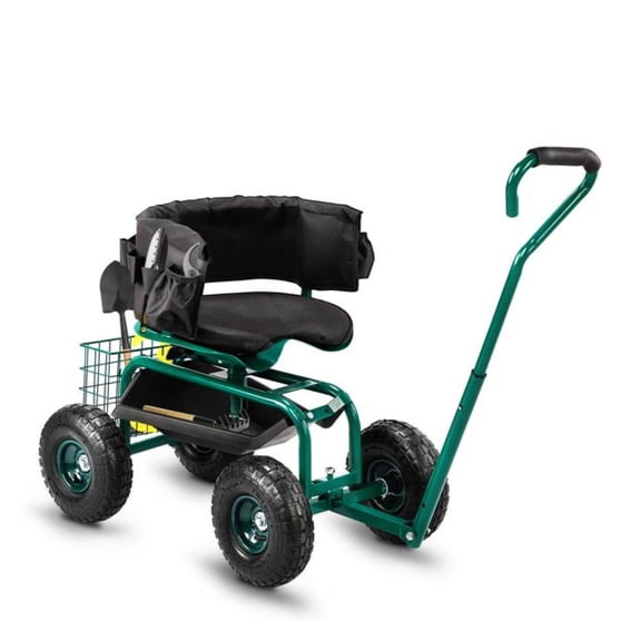Rolling Garden Cart with Seat, Outdoor Gardening Stool, 360 Swivel, Extendable Handle, Tool Tray, Heavy Duty Steel Frame, Green