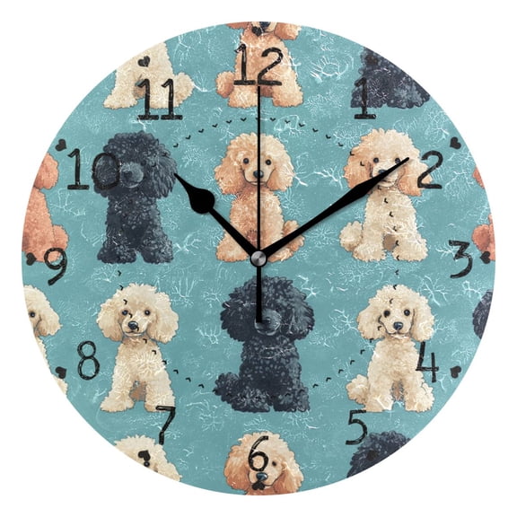 Cute Poodles Hand Drawn Round Wall Clock Silent Analog Battery Operated Black Pointer Home Decor 9.84" Diameter