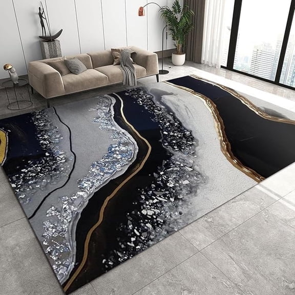 Light Luxury Black And White Marble Area Rugs, Abstract Diamond Gilt Texture Large Rugs, With Anti-Slip Easy Clean Carpet For Living Room Bedroom Kitchen Dining Room Home Office 5x7ft