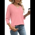 thumbnail image 3 of Blusas de Mujer con Mangas 3/4 y Cuello en V, Estilo Túnica Informal, Básicas, Holgadas Rosa XL, 3 of 6