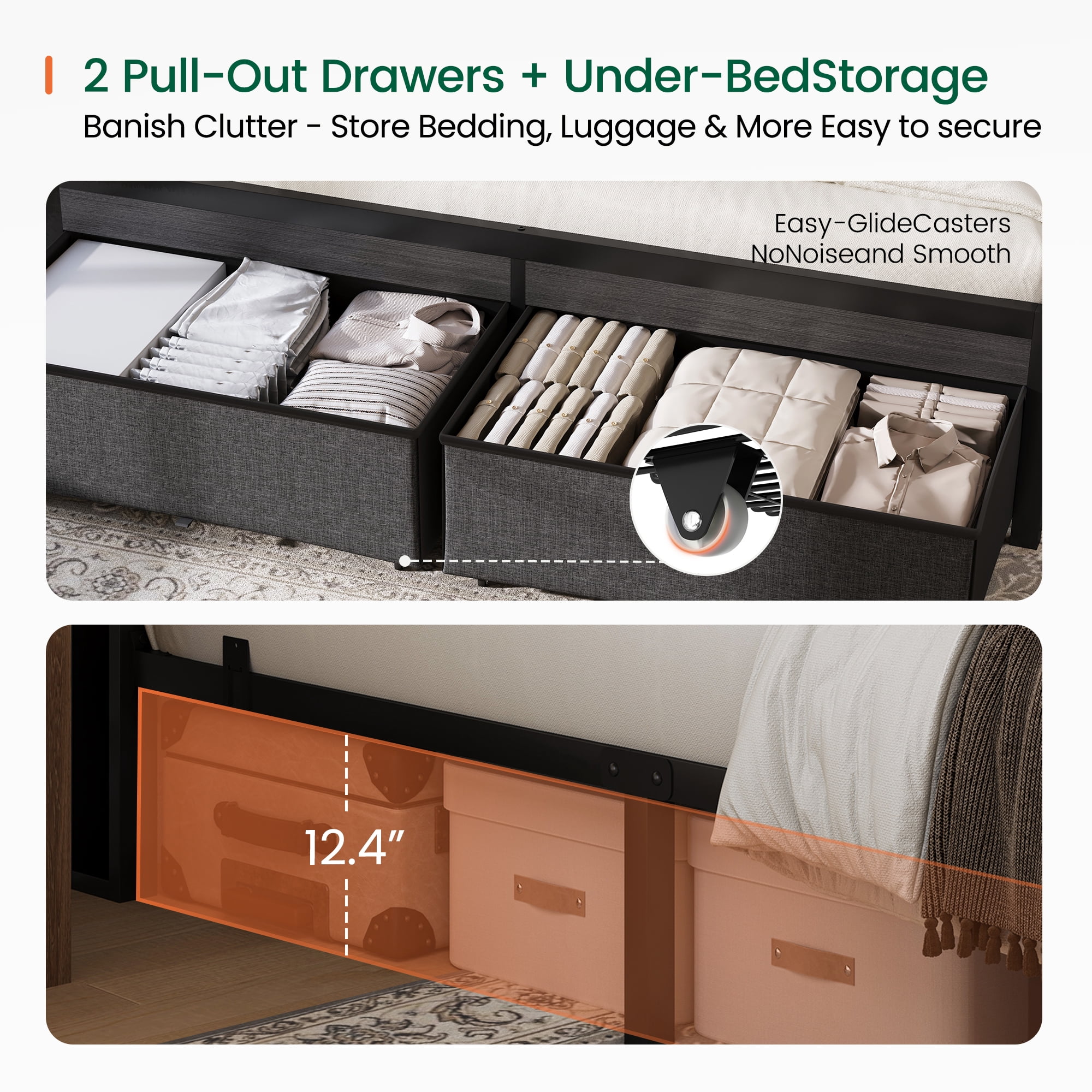Full Size Bed Frame With Upholstered Headboard & Storage Drawers, Platform Bed With Led Lights & Charging Station, Black