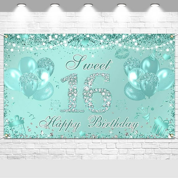 Sweet 16 Birtdhay Banner Teal Silver Sweet Sixteen Party Decorations Backdrop Glitter Blue Balloon 16 Year Old Birthday Photo Props Supplies