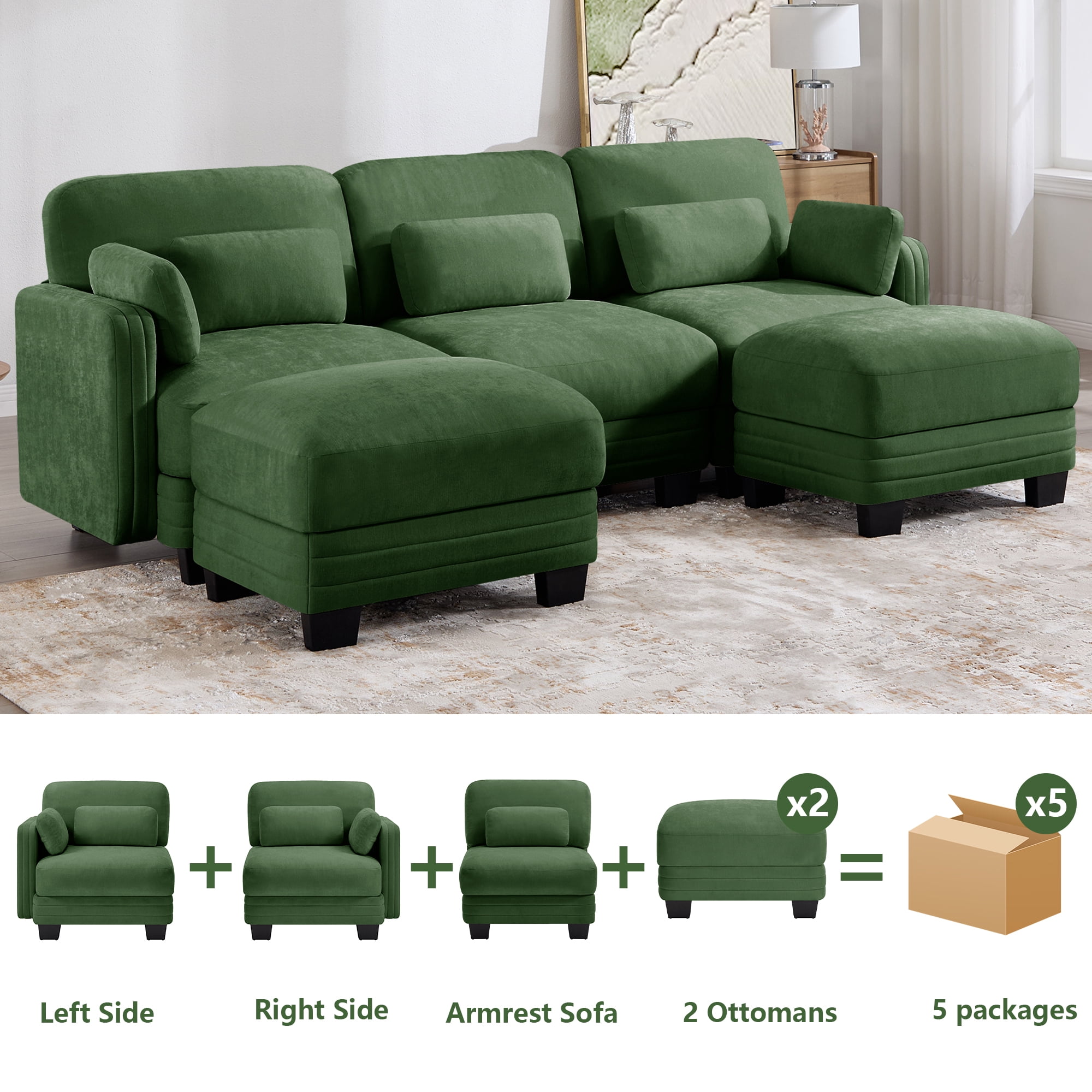 100" U-shaped Tufted Modern Modular Sectional 3 Seater Sofa Couch with 2 Ottomans and 5 Pillows